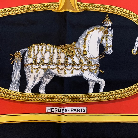 Vintage RARE Hermes Navy Red Silk Scarf Horses - Picture 2 of 6